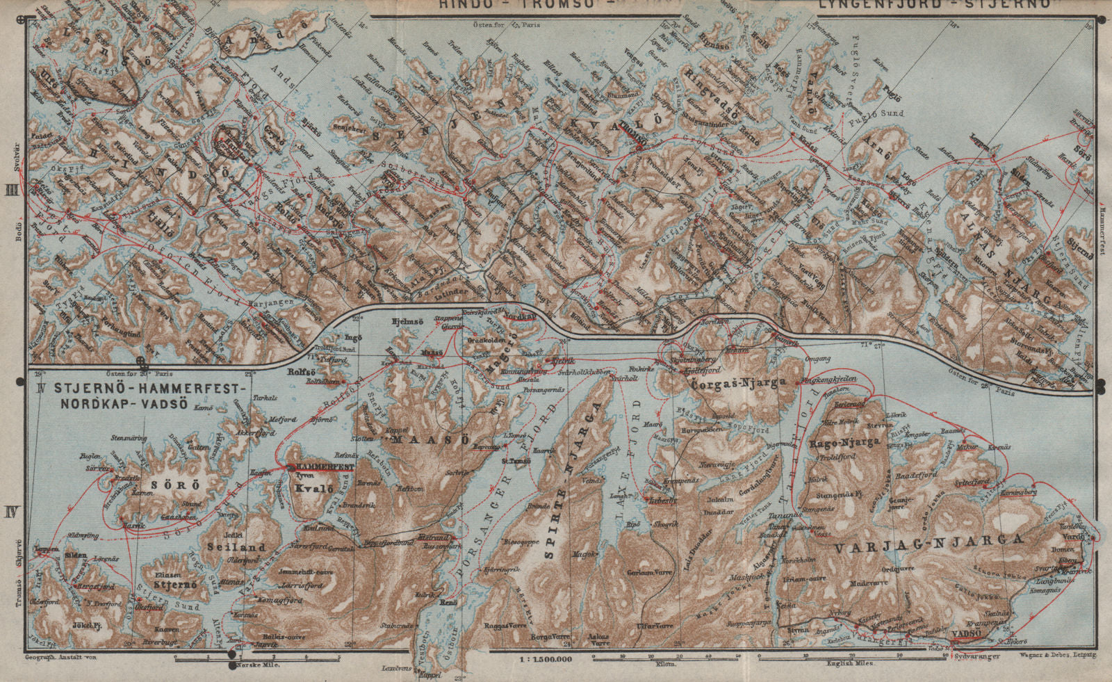 NORWAY NORTH COAST. Tromso-North Cape/Nordkapp-Vadso Topo-map. Norway 1909